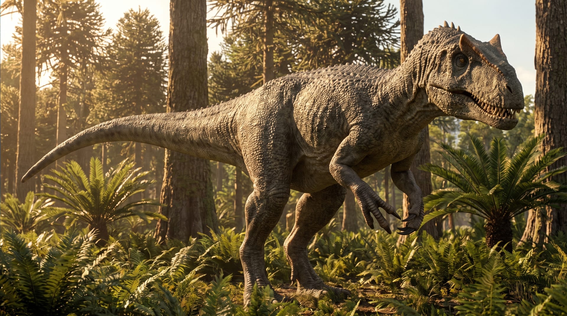 An AI illustration of Allosaurus stalking through a Late Jurassic floodplain with conifers and ferns.