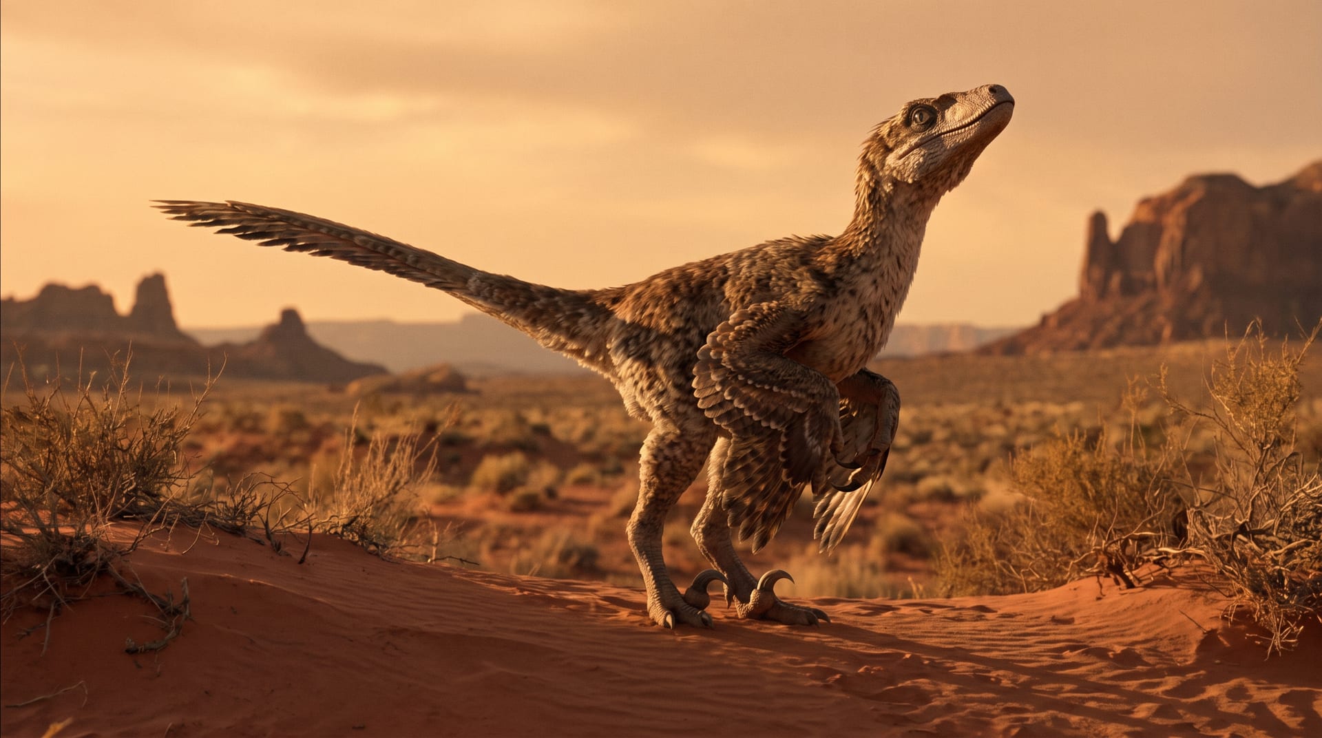 An AI illustration of a feathered Velociraptor standing on red sand dunes in warm evening light.