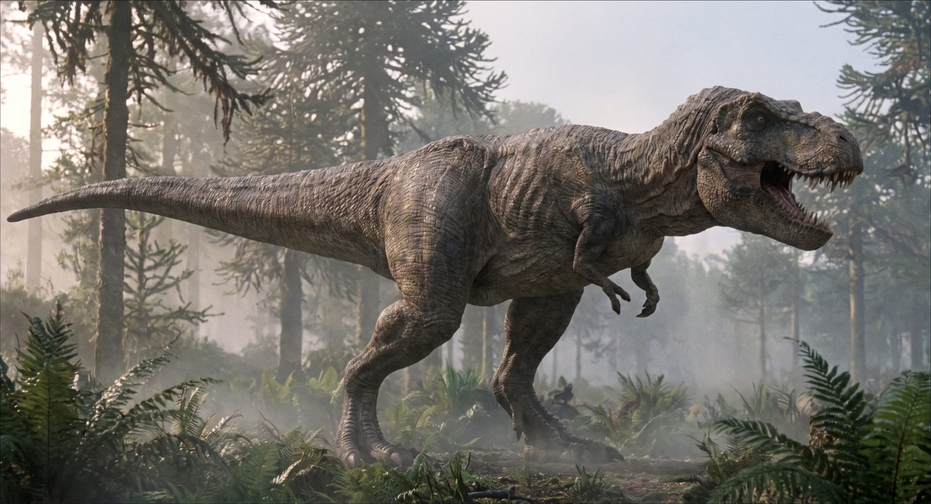 An AI illustration of Tyrannosaurus rex striding through a misty Late Cretaceous conifer forest with its jaws open.
