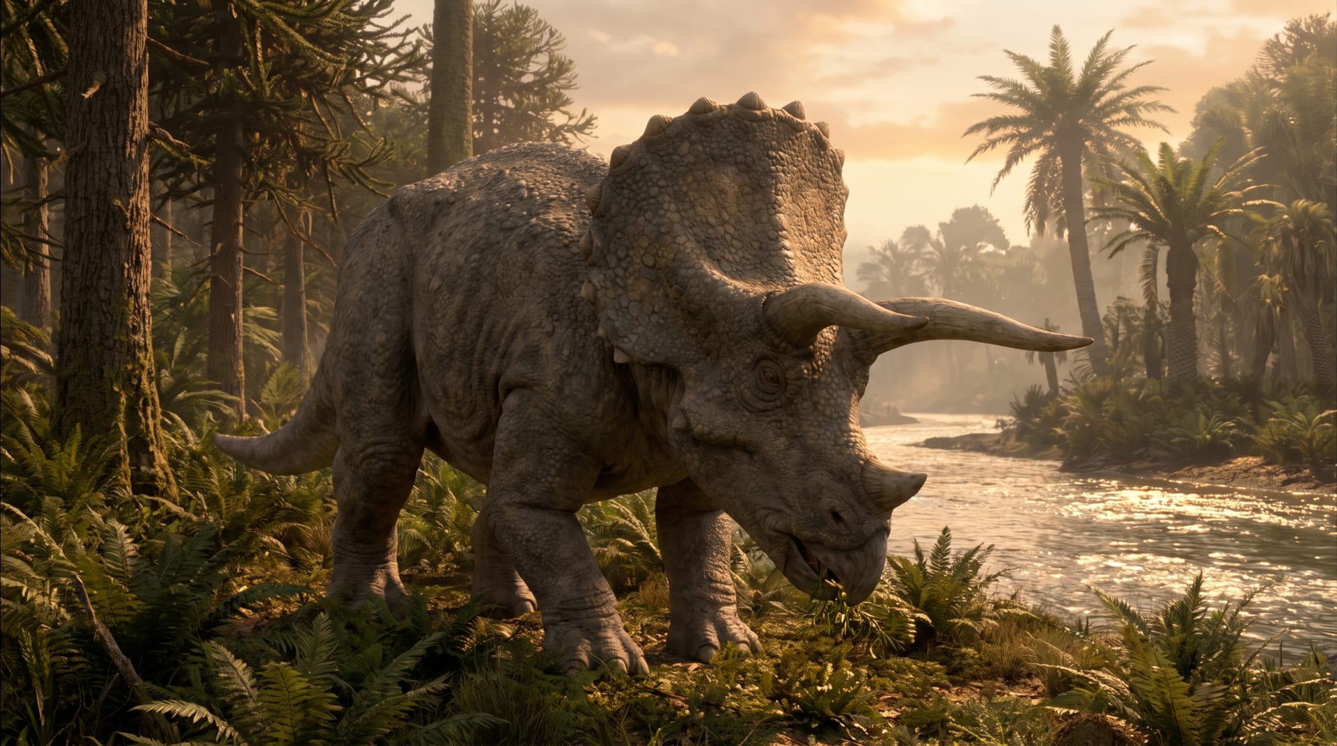 An AI illustration of Triceratops cropping low plants by a river in a Late Cretaceous forest, showing its frill and three horns.