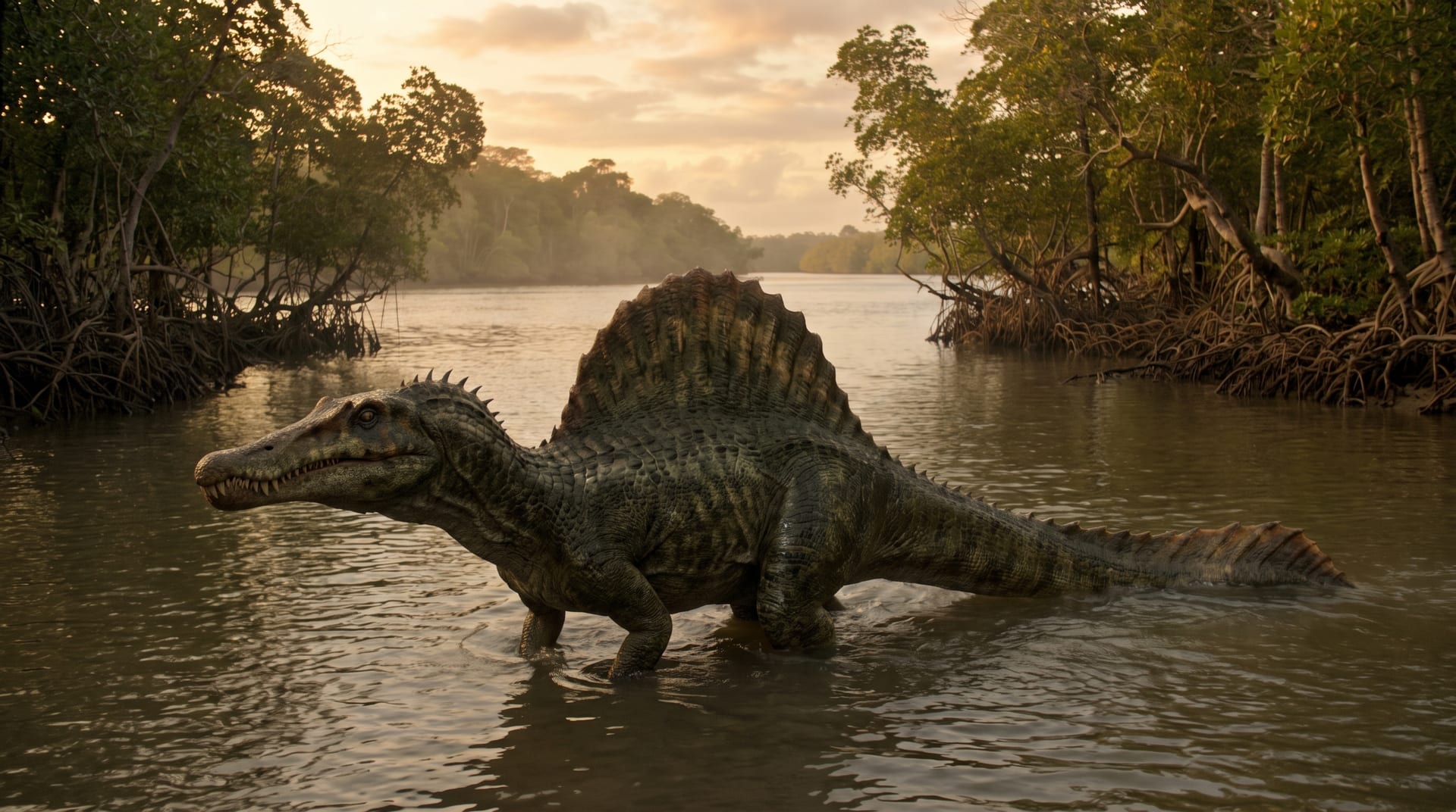 An AI illustration of Spinosaurus wading through a tropical river delta, showing its tall sail and long narrow snout.