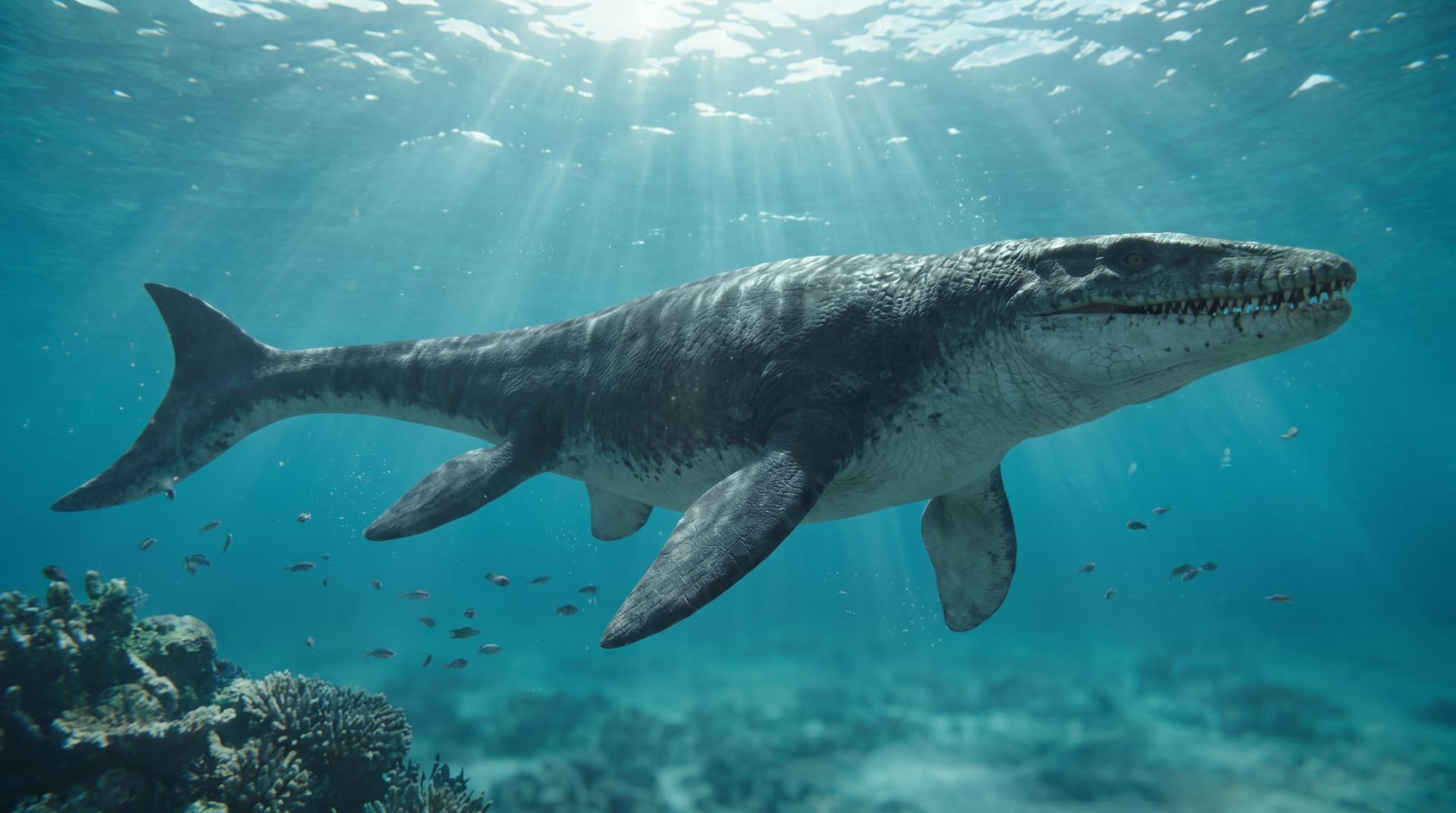 An AI illustration of Mosasaurus swimming just below the surface of a sunlit Late Cretaceous sea.