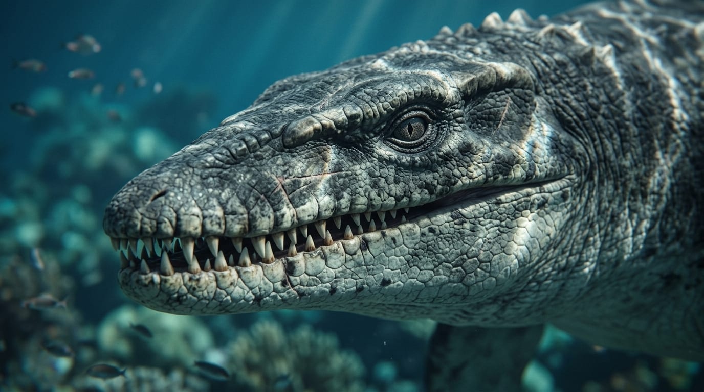 AI illustration of Mosasaurus in close-up underwater