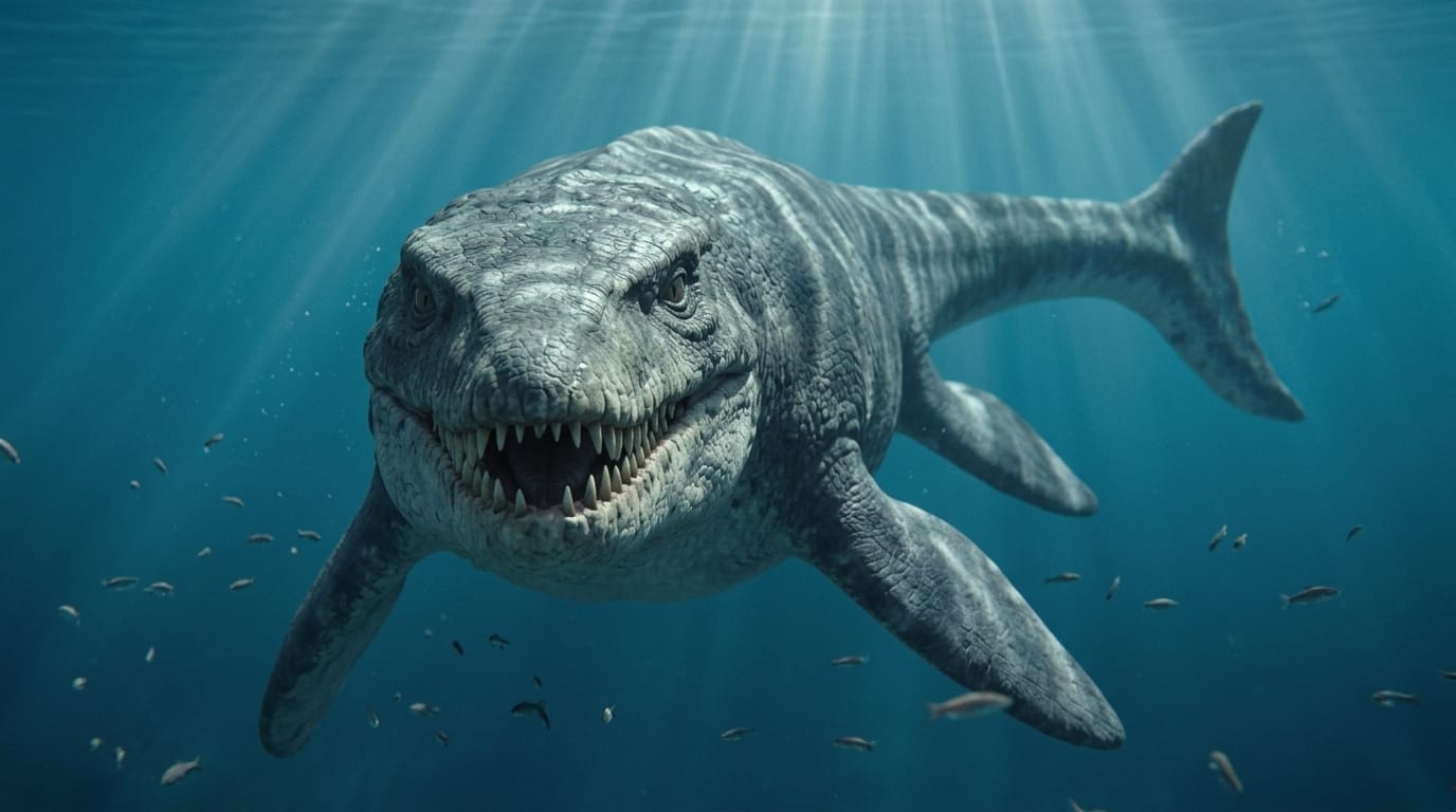 AI illustration of Mosasaurus swimming towards the camera
