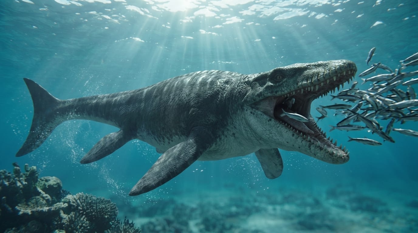 AI illustration of Mosasaurus chasing a school of fish