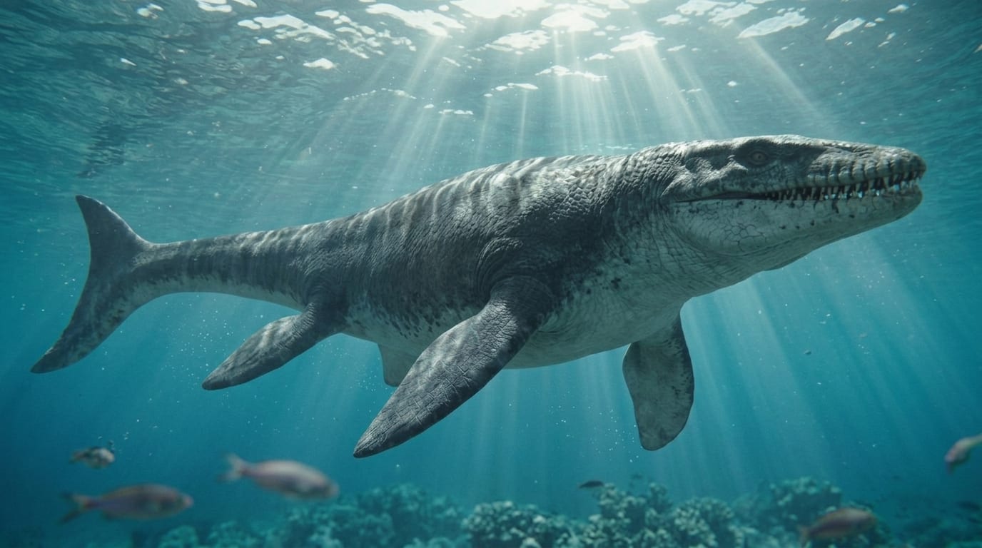 AI illustration of Mosasaurus gliding below the surface