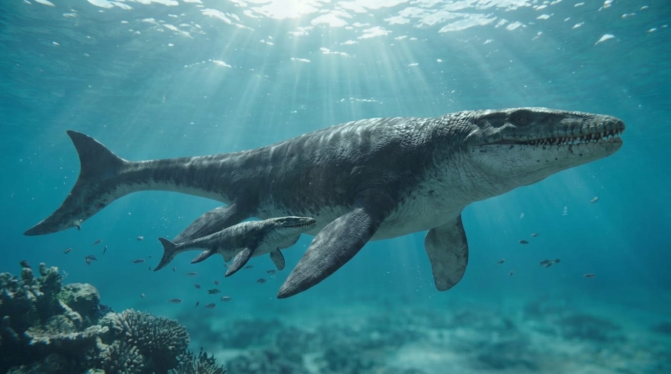 AI illustration of Mosasaurus with two juveniles