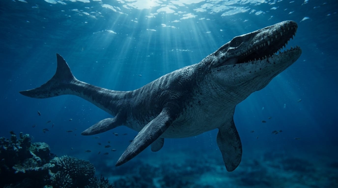 AI illustration of Mosasaurus in deep water at night