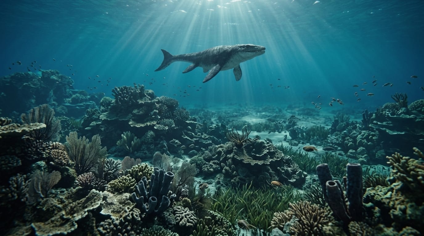 AI illustration of Mosasaurus above a wide sea floor