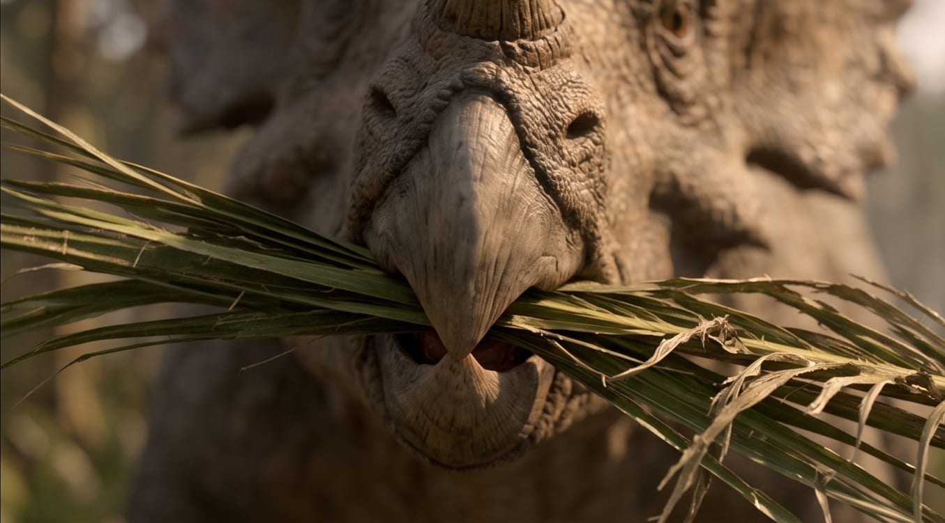 AI illustration of Triceratops cropping palm fronds with its beak