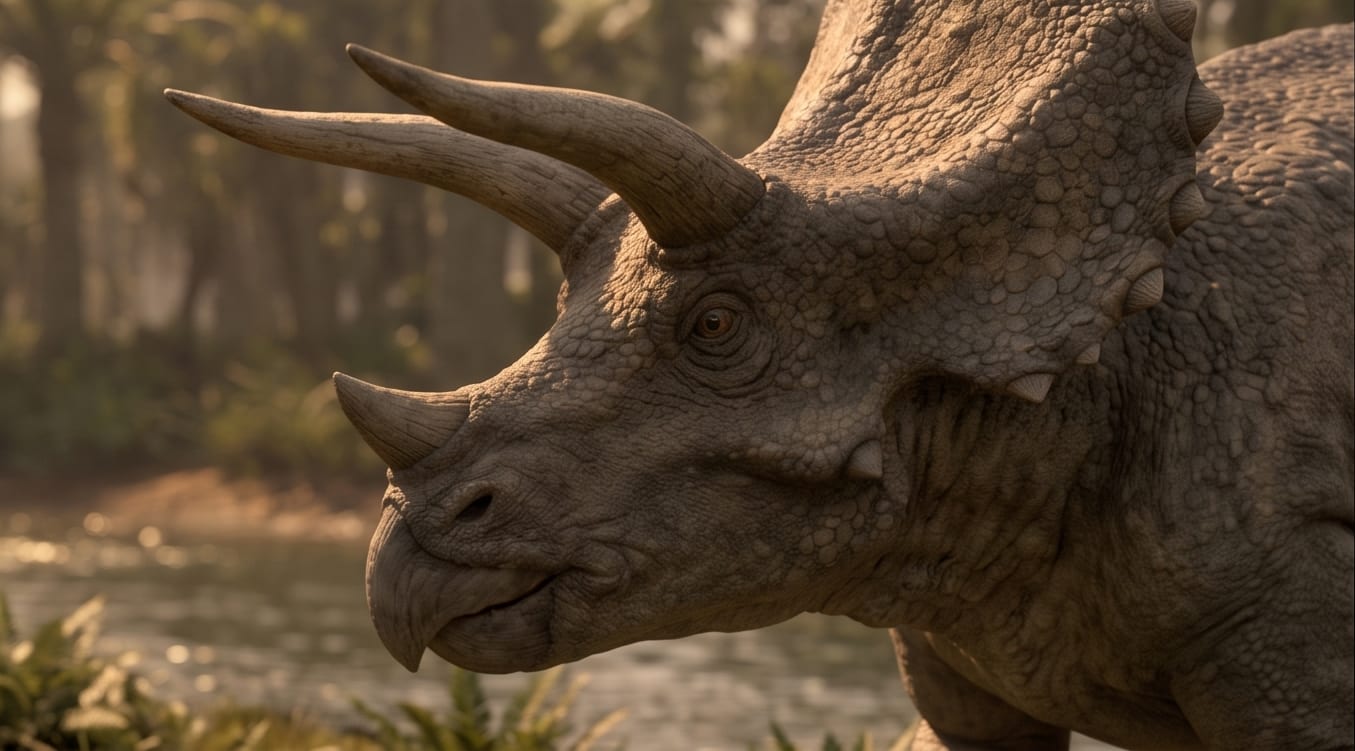 AI illustration of Triceratops its two brow horns, nose horn and frill nearly a metre across