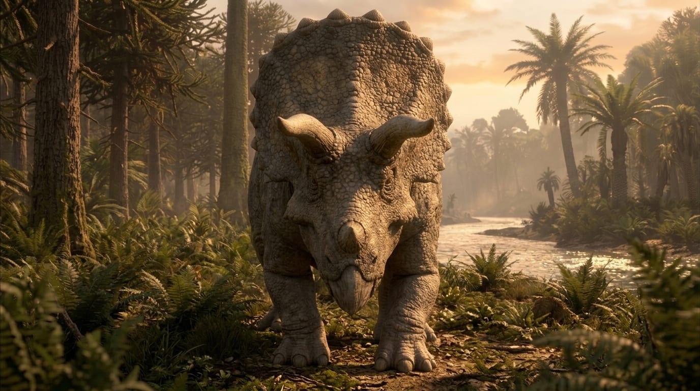 AI illustration of Triceratops walking towards the camera