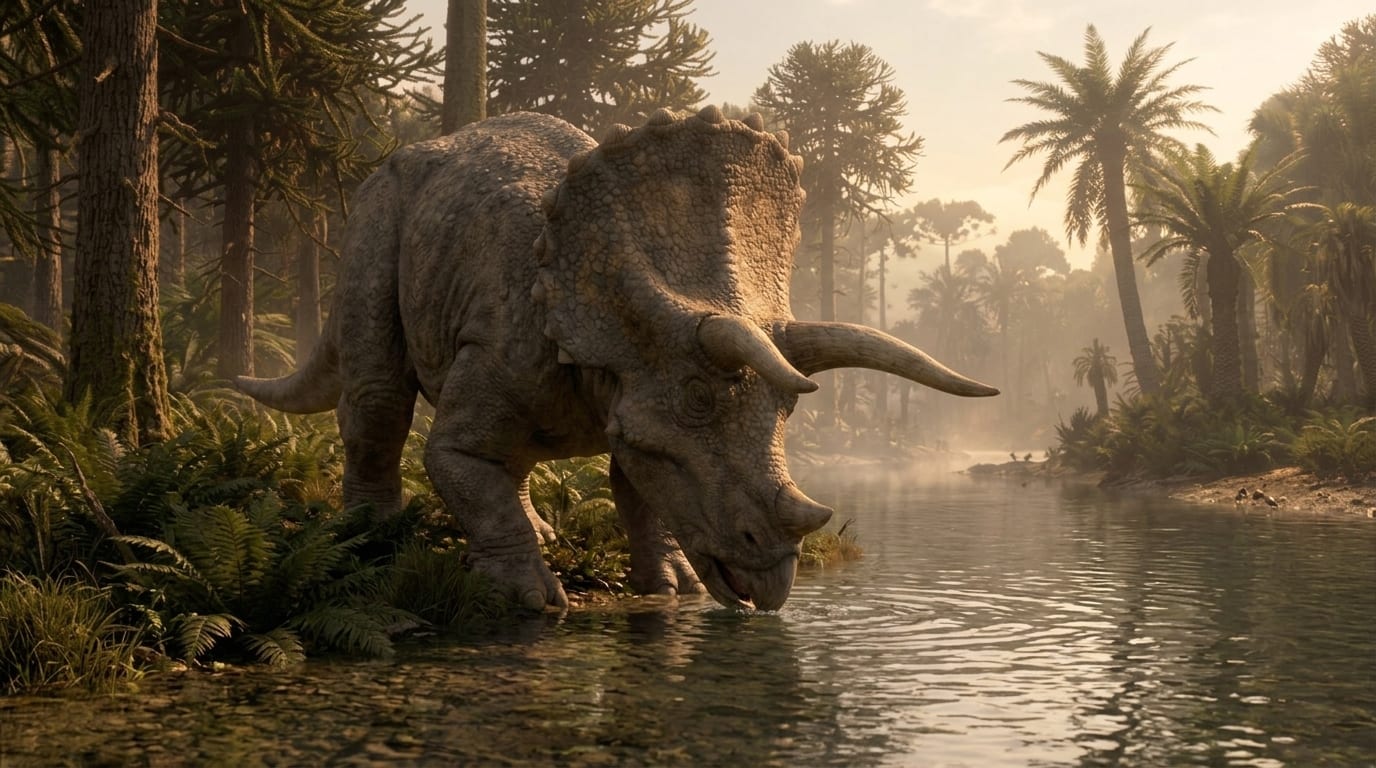 AI illustration of Triceratops drinking from a river at dawn