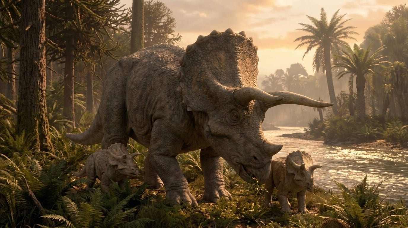 AI illustration of Triceratops with two juveniles