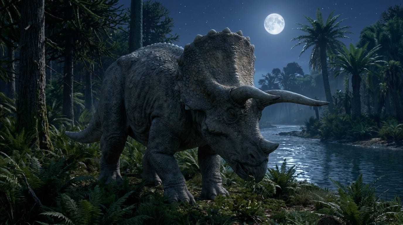 AI illustration of Triceratops at night under a full moon
