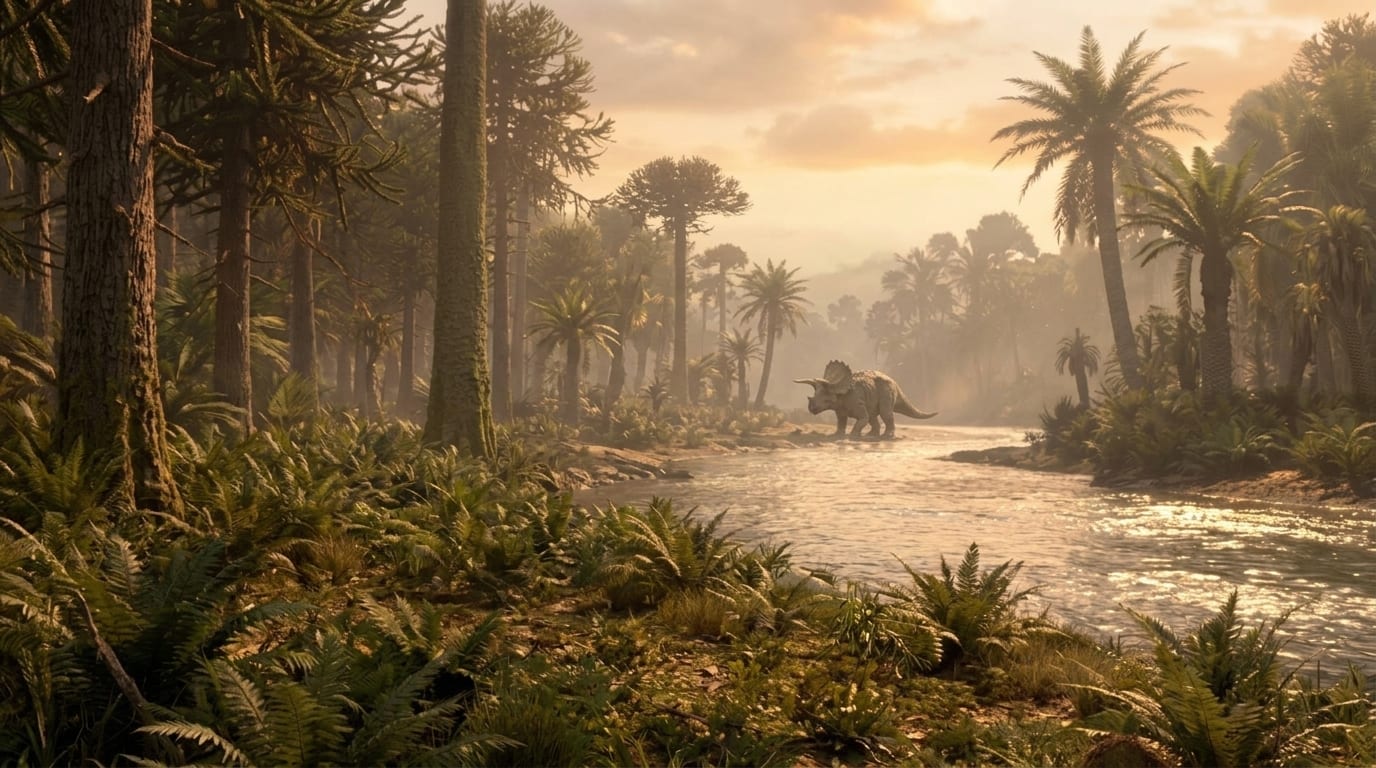 AI illustration of Triceratops in a wide landscape at golden hour
