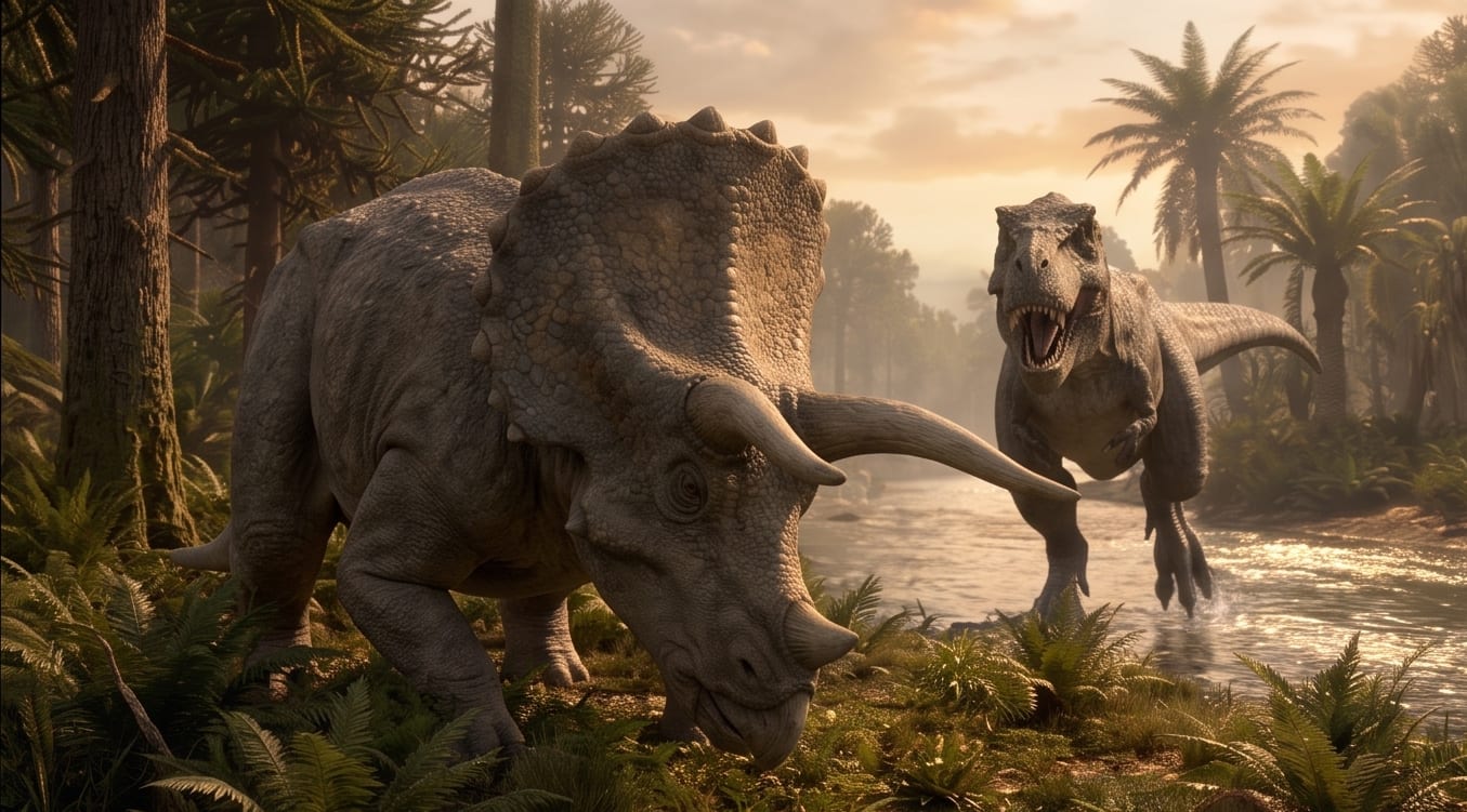 AI illustration of Triceratops facing a Tyrannosaurus (one Triceratops brow horn carries partly healed tyrannosaur tooth marks)